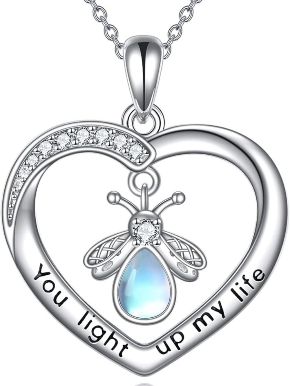 Moonstone Heart Pendant Necklace, 'You Light Up My Life' Engraved, S925 Silver